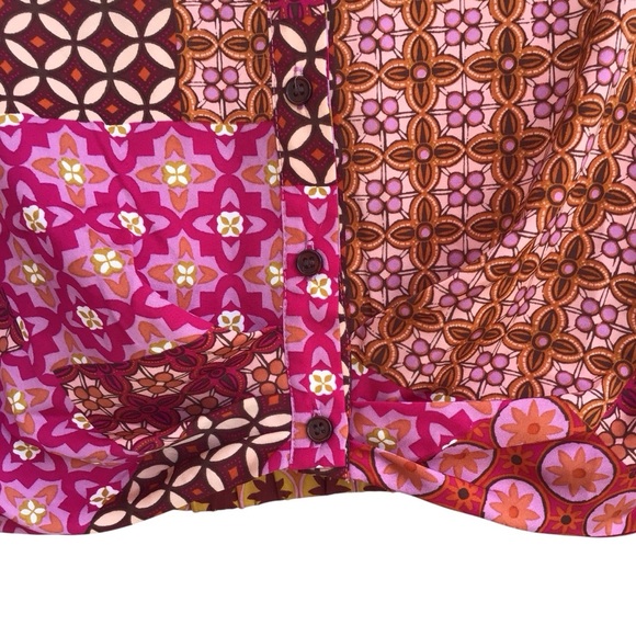 Drew Patchwork Patterned Pink and Brown Long Sleeve Button Down Top NEW - Picture 5 of 7
